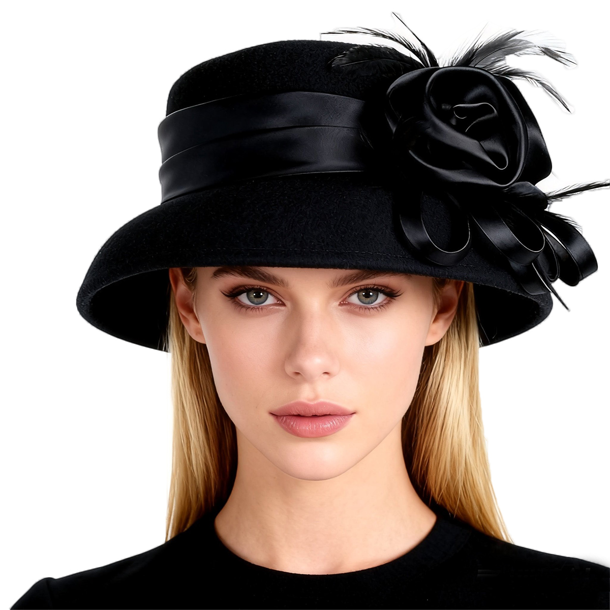 Fedora Hat Wool - レディースブラックウールフェルトクロッシェハット、フラワーフェザー付き、冬用ヘップバーンスタイル、フォーマル、教会、ティーパーティー、ドレス、カクテル、バケットハット