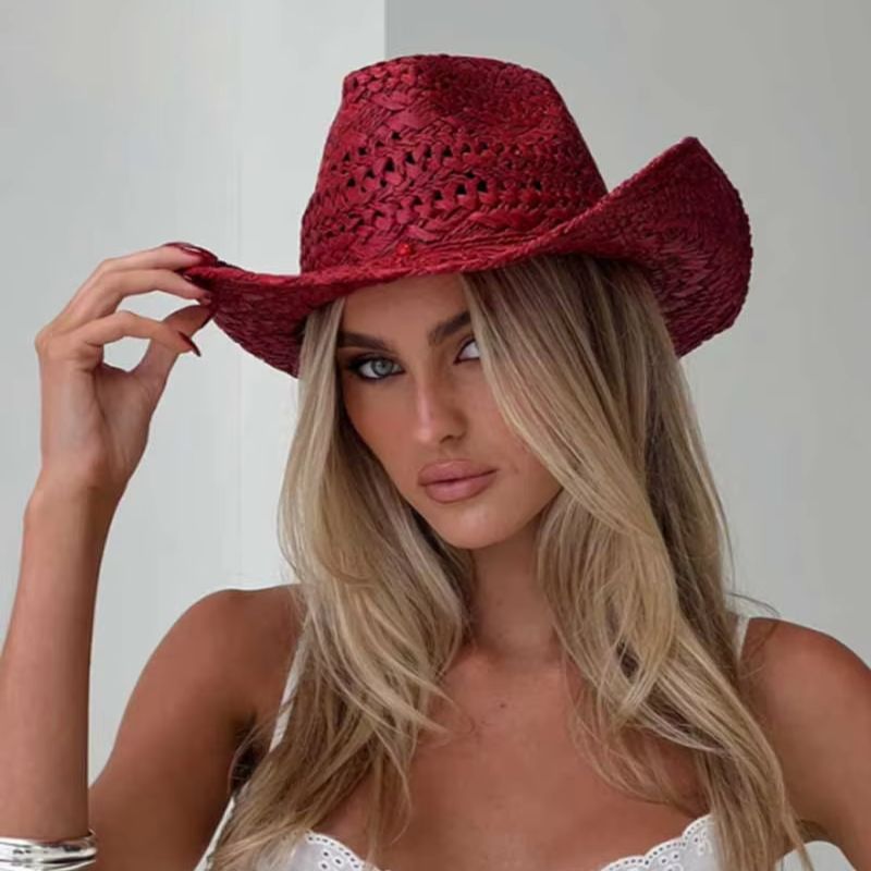 Cowboy Hat Straw - カウボーイハット赤手描き夏麦わら帽子男性と女性のカウボーイハット屋外旅行日焼け止めビーチハットソンブレロバケロ