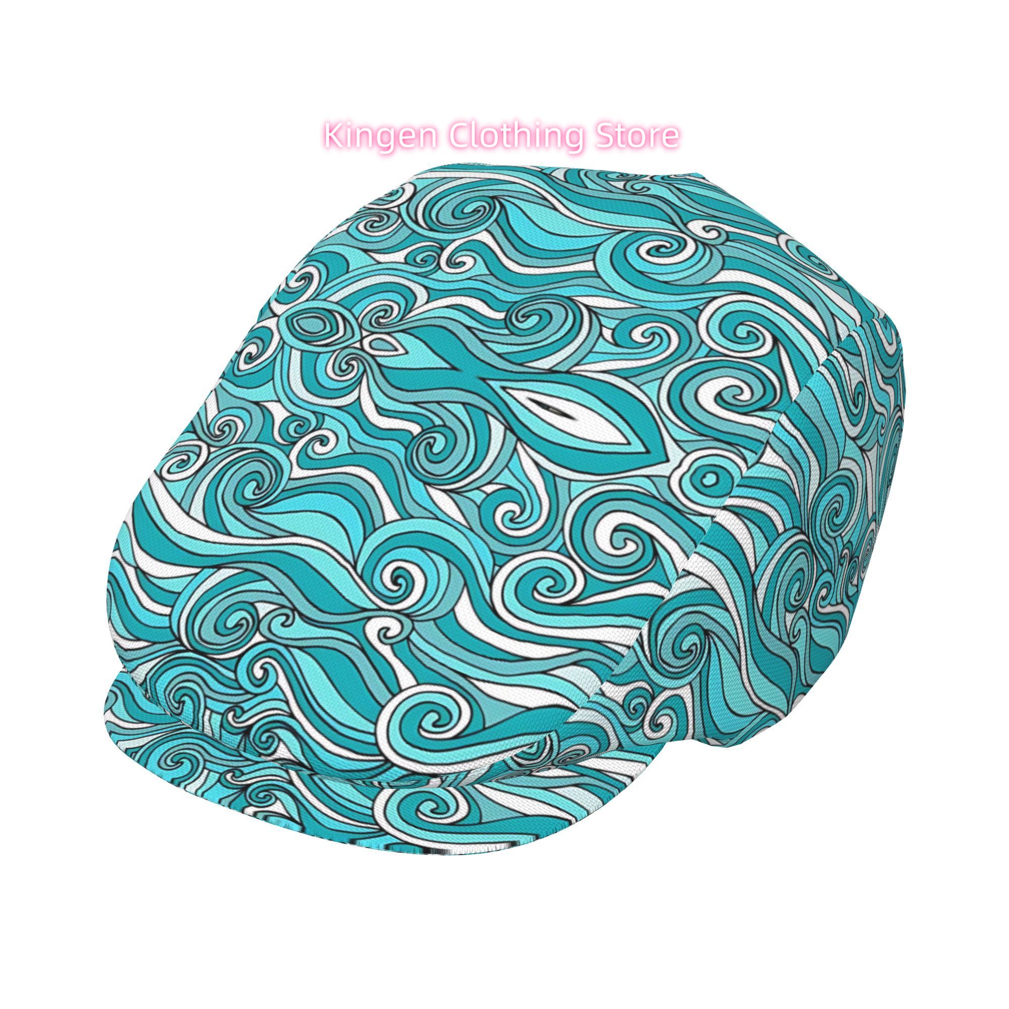 ターコイズブルー＆ホワイトのオーシャンウェーブプリント調整可 - Newsboy Cap Ivy のレビューと価格