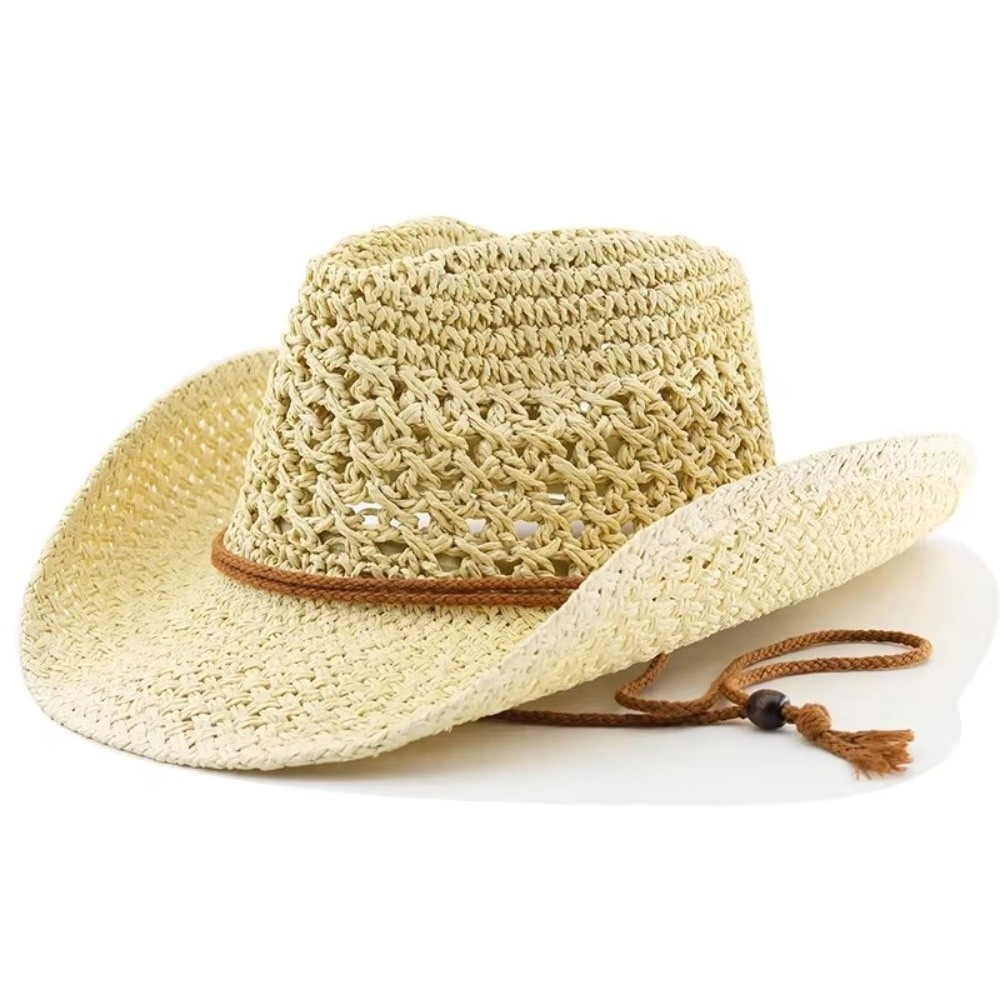 レトロなつば広日よけ麦わら帽子エスニックスタイルソリッドカラ - Cowboy Hat Straw のレビューと価格
